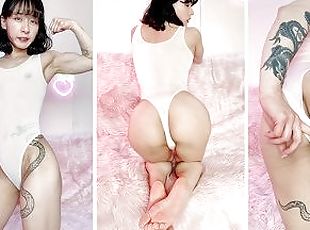 Petite and cute Asian girl shows off her fit body in a see through leotard and flashes her pussy