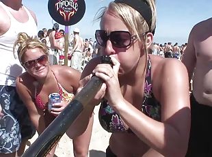 Palpitating amateurs in sexy bikini getting drunk at a beach party outdoor