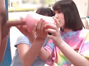 Shy Japanese beauties give handjob cumshot to stranger in glass room