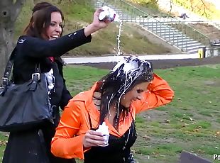 Girls have a picnic in the park that turns into a sexy food fight