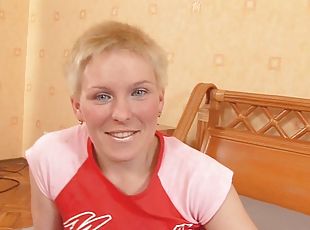 Short haired Russian rides after a deep blowjob