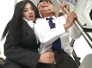 Business man gets handjob on a train