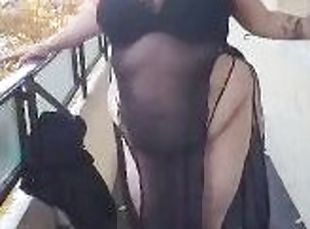 Sexy smoking BBW teen in lingerie in public