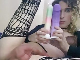Soft transgirl femboy stretches her ass and mouth with a thick dildo and a buttplug