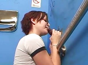 Short-haired amateur brunette Erica sucks a gloryhole prick