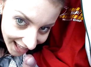 Super brunette gives cute handjob and sucks cock in car fucking scene