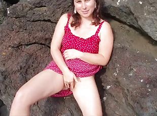 Teacher shows off big tits, ass and pussy in sex education lesson on the beach!