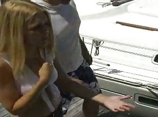 Sizzling blonde Angelyca satisfies two men on a yacht