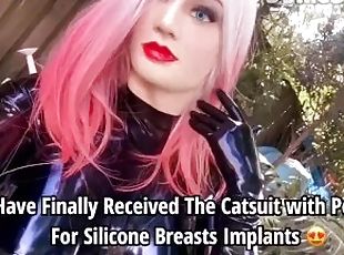 Wearing Latex Catsuit with Silicone Breasts Implants For the First Time