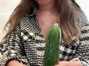 Fucking my tight pussy with huge cucumber!