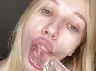 Juicy blowjob from a beautiful blonde with beautiful breasts and plump lips