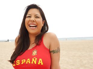 Latina lifeguard uses her big flotation devices to satisfy him