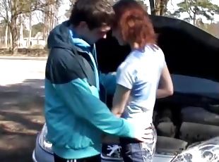 Skinny Redhead babe moans while being screwed in reality outdoor scene