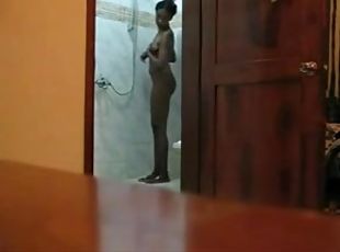 Amateur ebony cutie takes a shower in erotic homemade clip