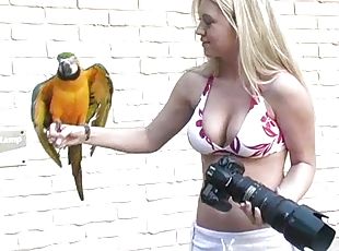 Big-breasted blonde Alison Angel has a photo shoot in the yard