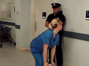 Nurse Tara Lynn Fox drops on her knees to give a sloppy blowjob