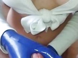 Femdom ruined handjob in blue latex gloves using nuru gel