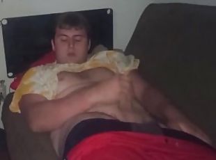 Fat guy jerks dick at night and cums on self