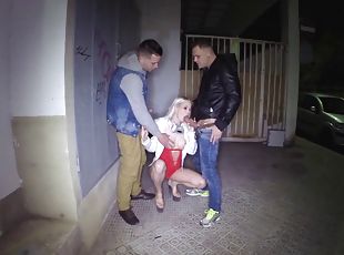 Flirty blonde fucks two horny strangers hardcore outdoors