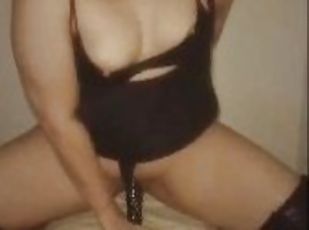 Goth chick dildo riding and cumming on the chair