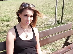 Adventurous girl sucks a man's cock in public for money