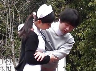 Japanese nurse sucking her patient's dick outdoors in the park