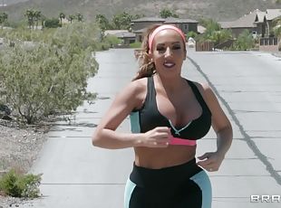 Sporty bombshell MILF Richelle Ryan scoops cum off her tits in mouth