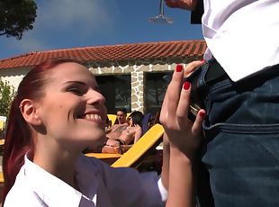 Redhead teen babe Susana Melo fucks and eats cum in public