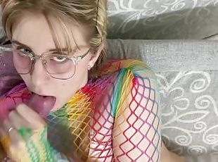 Cutie in net and glasses sucked to intense cum in her mouth and on face
