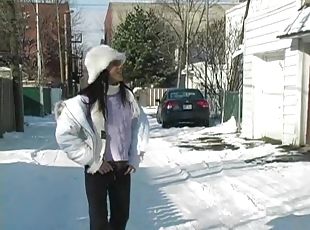 Porn Chick Cherry Petite gets a hot cock on snow in pov blowjob