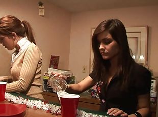 Alluring brunette lesbian with natural tits getting drunk in homemade porn