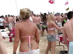 Giddy pornstars in bikinis flaunt their sexy figures in a juicy bikini party