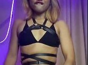 asiatisk, shemale, cumshot, ladyboy, bitch, blond, latex, älskarinna, dominans, femdom