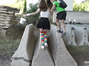 Teen Russian babe in knee long socks Nata Ocean doggy fucked outdoors