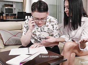 Teen babe helps nerdy guy study then fucks him