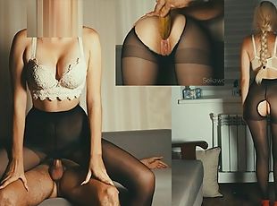 Sex with a beautiful girl in black pantyhose using a banana and first anal penetration
