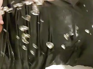 Pissing messy shemale transgirl wetting black satin shiny dress pee