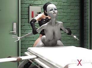 Female alien in a jail gets fucked hard by a hot dickgirl in a mask