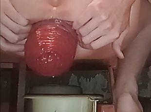 A young guy squatting, pushing and squeezing out a sweetly gigantic anal prolapse in his bathtub while no one is watch