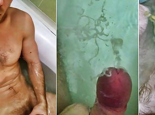 Muscular man jerks off and cums in the bathroom! Cum under water! Pissing on myself!