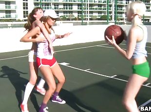 Three lesbian teens fuck after playing basketball