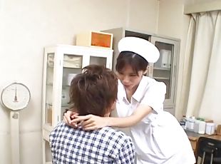 Lovely nurse Riko Tachibana gets talked into sucking on a cock