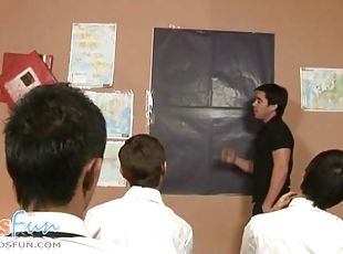 Cute twink students team up to blow their teacher