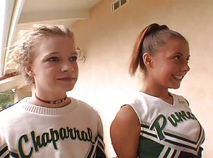 Cheerleader in panties licking balls in ffm porn shoot