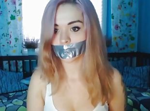 bdsm, blonde, webcam, solo, bâillonnement, bondage