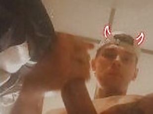 Tatted white boy rubs cock