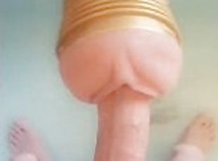 Watch my big cock throbbing and cumming into into my fleshlight hands-free