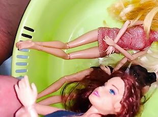 Small penis cums and pisses on Barbie dolls - Golden shower on dolls